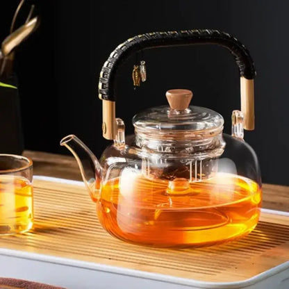 Modern glass tea pot with weave handle – kitchen steaming kettle