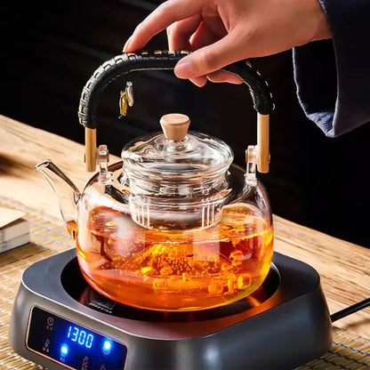 Modern glass tea pot with weave handle – kitchen steaming kettle