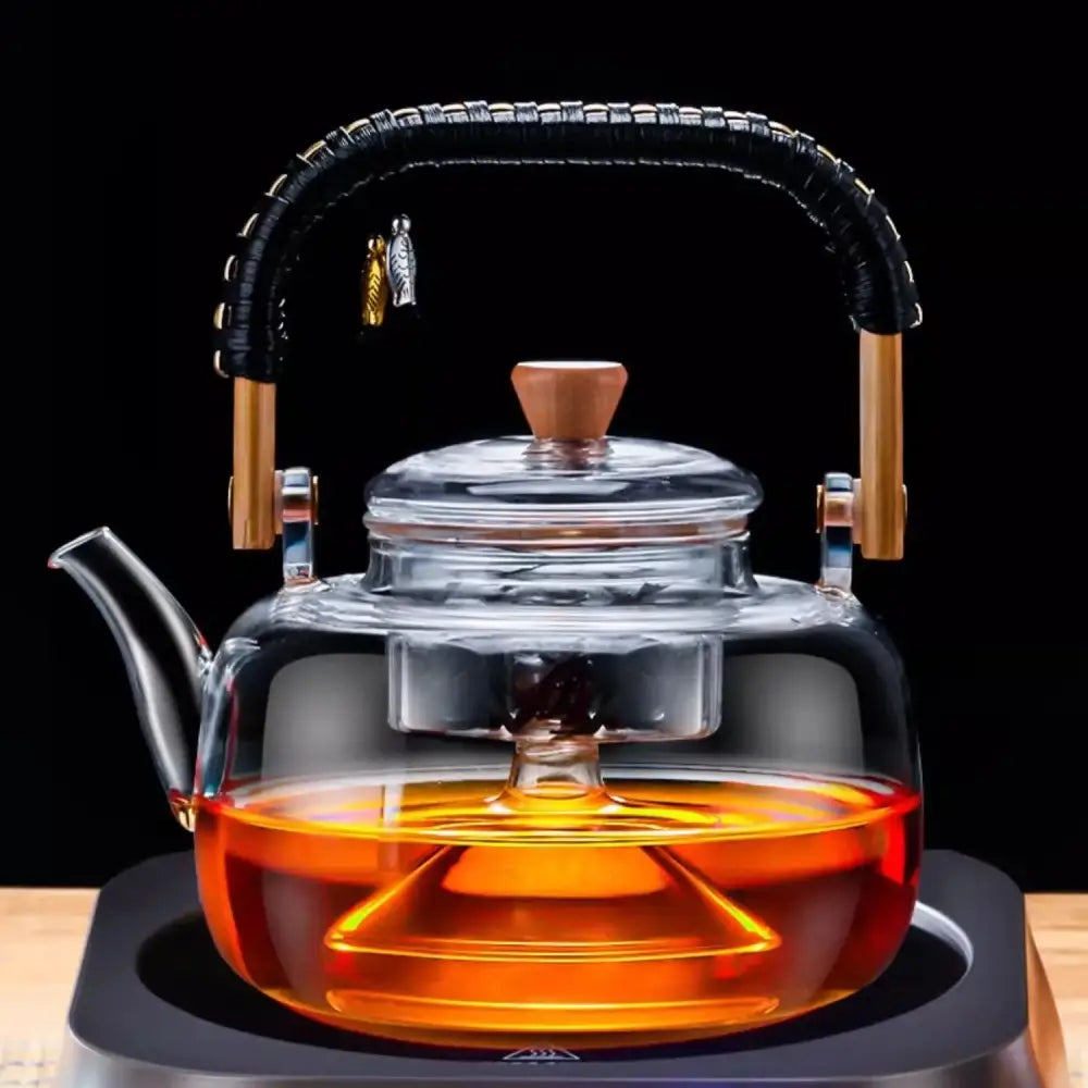 Modern glass tea pot with wooden accents kitchen infuser teapot