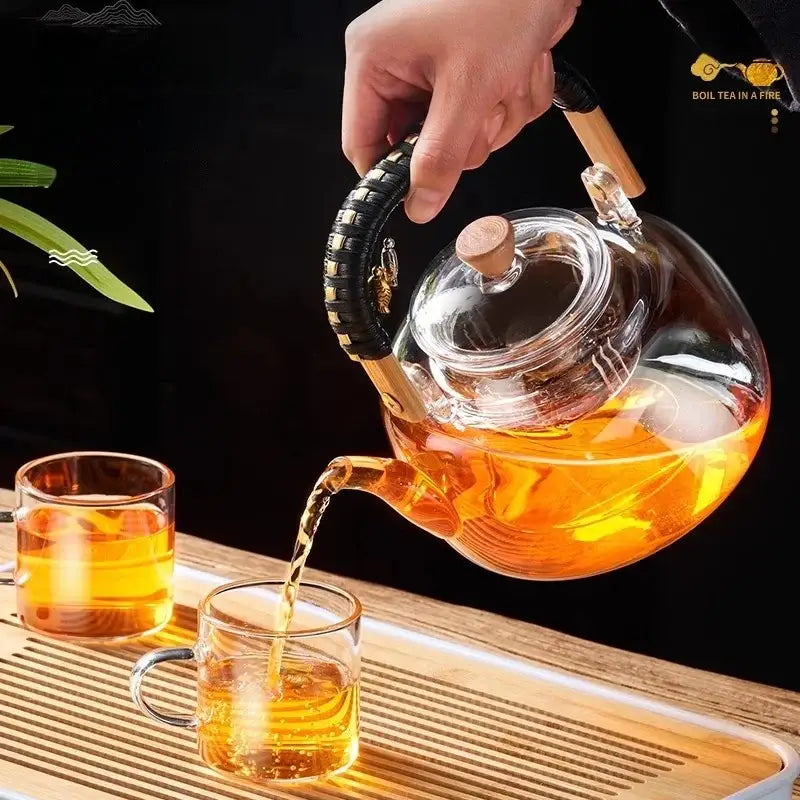 Modern glass tea pot with wooden accents kitchen infuser teapot