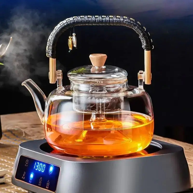 Modern glass tea pot with wooden accents kitchen infuser teapot