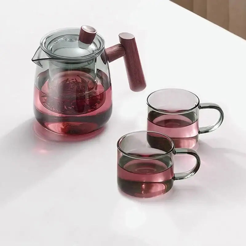 Heat resistant glass tea pot with wooden handle kitchen set