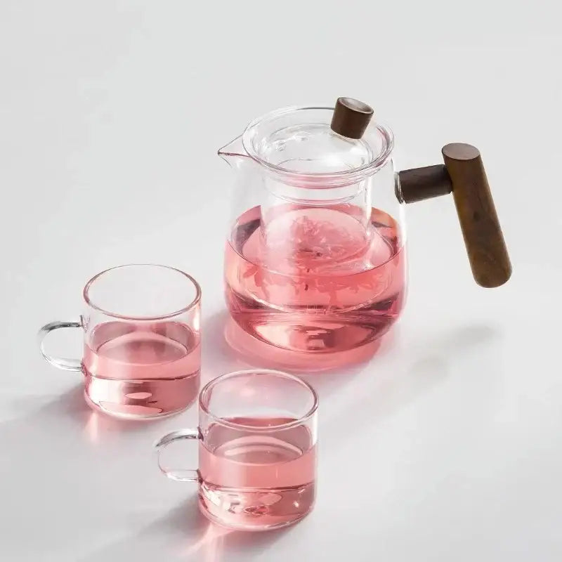 Heat resistant glass tea pot with wooden handle kitchen set