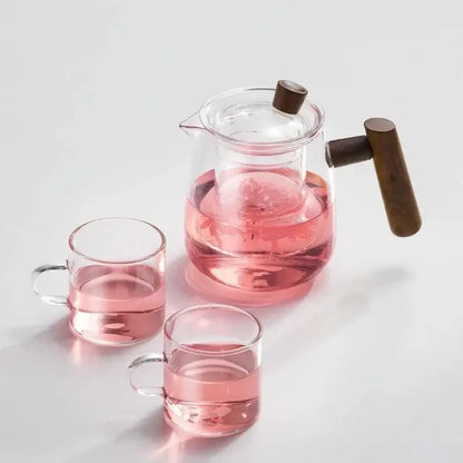 Heat resistant glass tea pot with wooden handle kitchen set