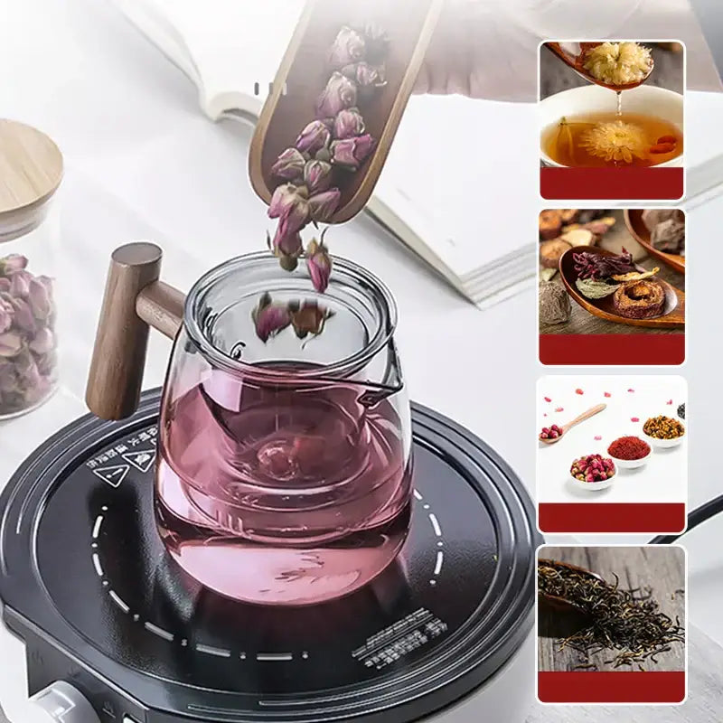 Heat resistant glass tea pot with wooden handle kitchen set