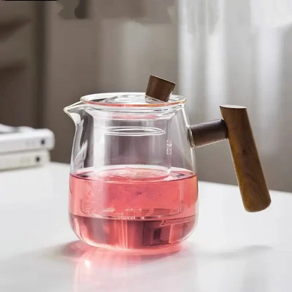 Heat resistant glass tea pot with wooden handle kitchen set