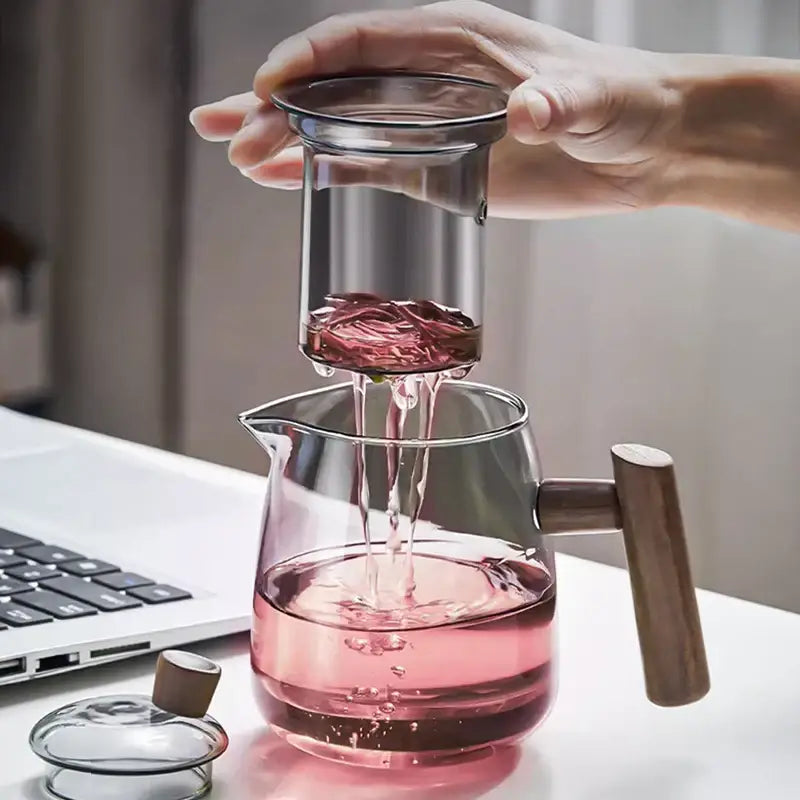 Heat resistant glass tea pot with wooden handle kitchen set