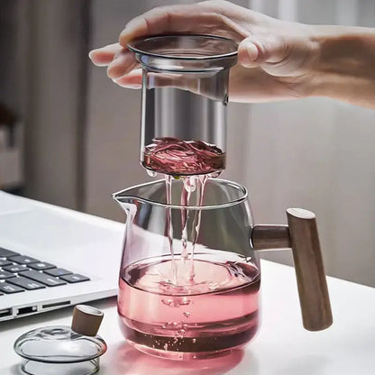Heat resistant glass tea pot with wooden handle kitchen set