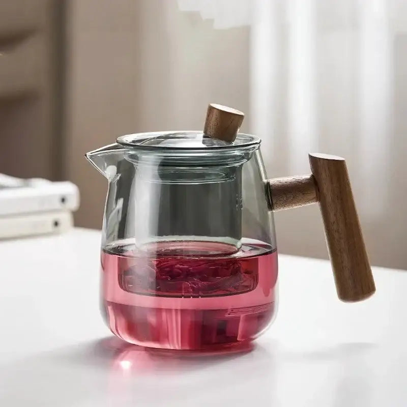 Heat resistant glass tea pot with wooden handle kitchen set