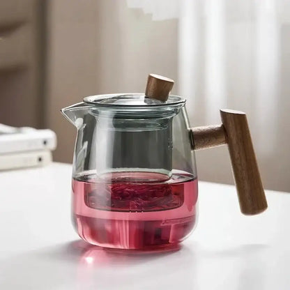 Heat resistant glass tea pot with wooden handle kitchen set