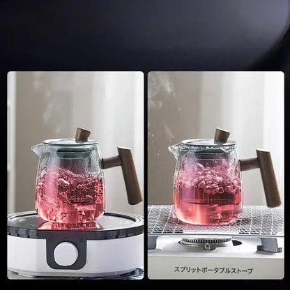 Heat resistant glass tea pot with wooden handle kitchen set