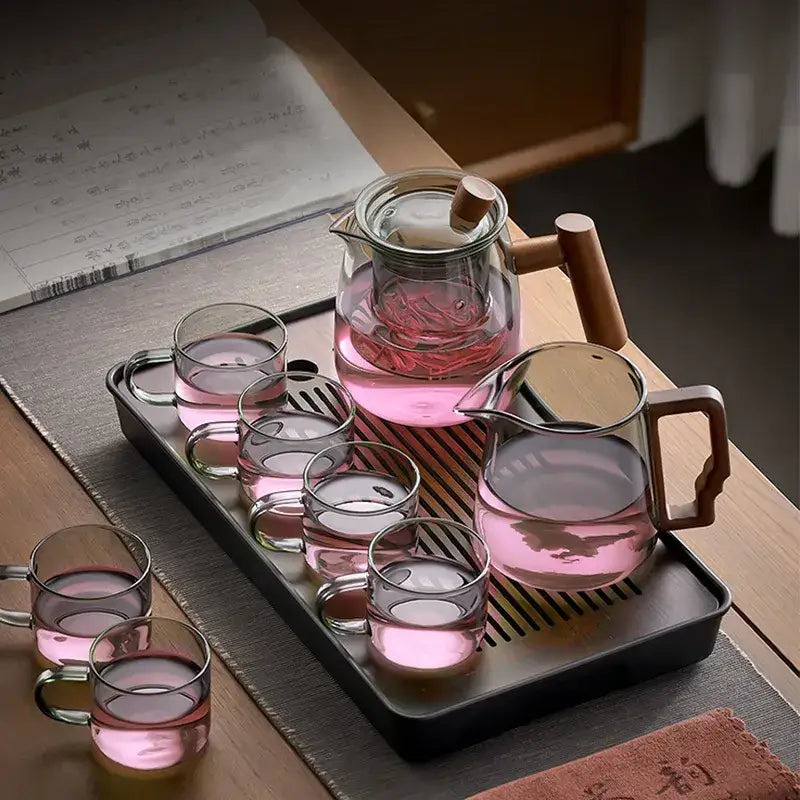 Heat resistant glass tea pot with wooden handle kitchen set