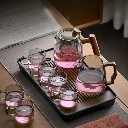 Heat resistant glass tea pot with wooden handle kitchen set