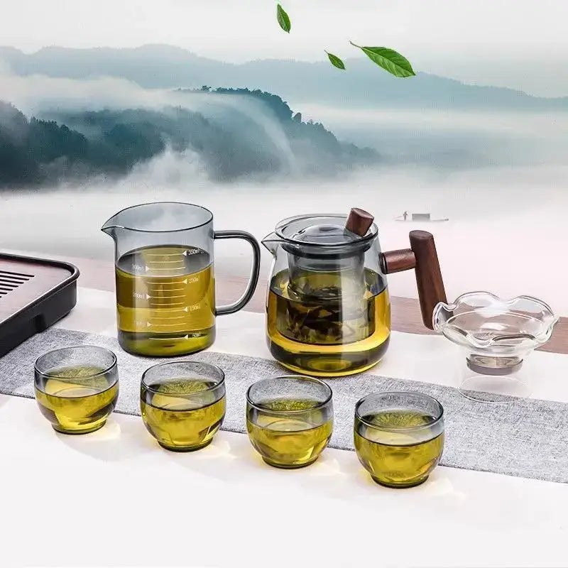 Glass tea set with wood handle and separation filter dining room