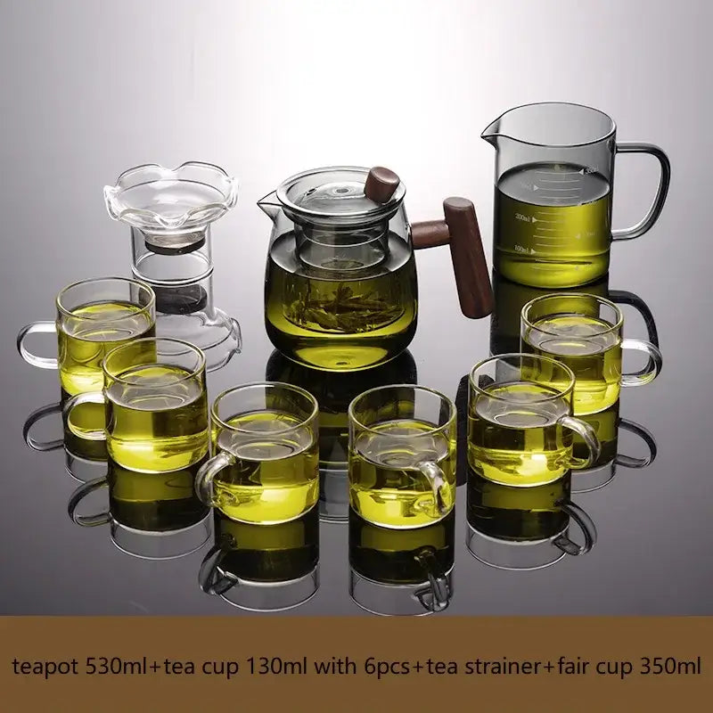 Glass tea set with wood handle and separation filter dining room