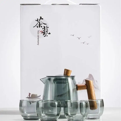 Glass tea set with wood handle and separation filter dining room