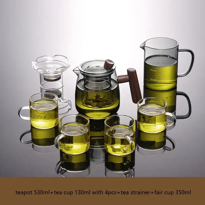Glass tea set with wood handle and separation filter dining room