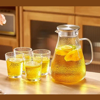 Hammered glass tea set with silver lid jug and cups for dining room