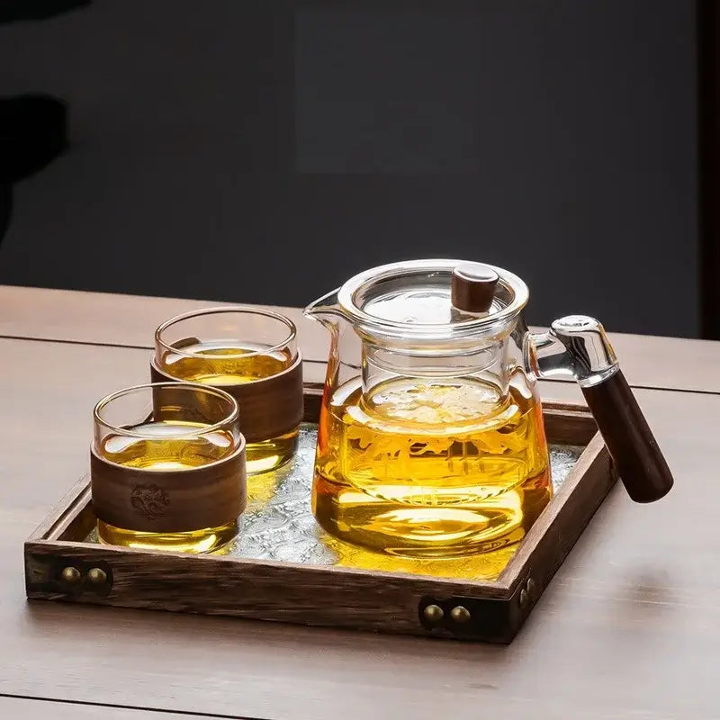 Retro glass tea set with wooden handle – dining room serving set