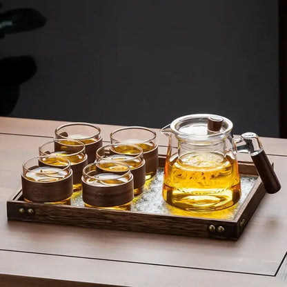 Retro glass tea set with wooden handle – dining room serving set
