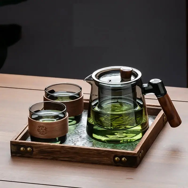 Retro glass tea set with wooden handle – dining room serving set