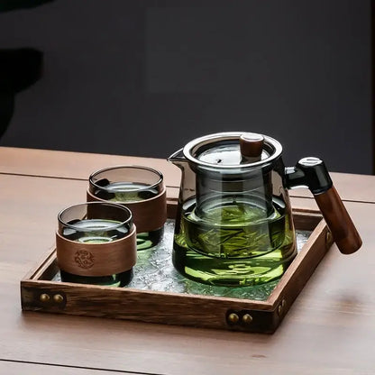 Retro glass tea set with wooden handle – dining room serving set