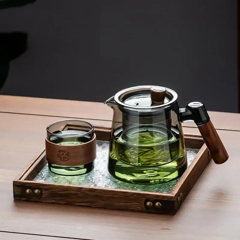 Retro glass tea set with wooden handle – dining room serving set