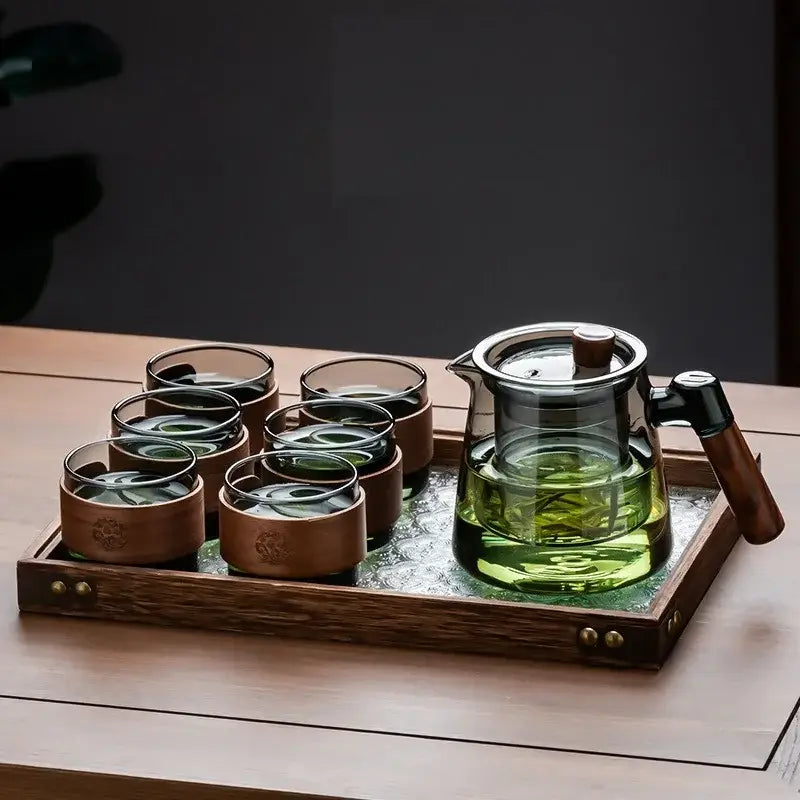 Retro glass tea set with wooden handle – dining room serving set