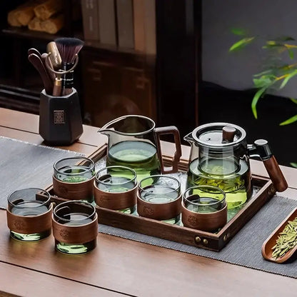 Retro glass tea set with wooden handle – dining room serving set