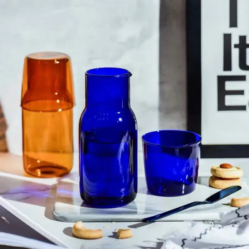 Hand blown cobalt & amber glass teacup set dining room drinkware