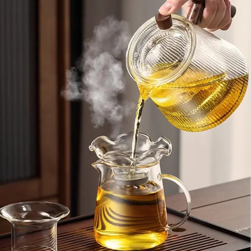 Modern glass teapot with wooden handle kitchen steeping pot