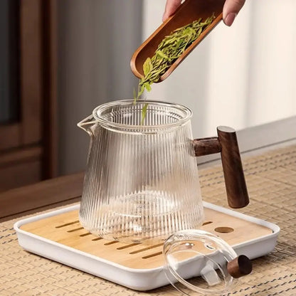 Modern glass teapot with wooden handle kitchen steeping pot