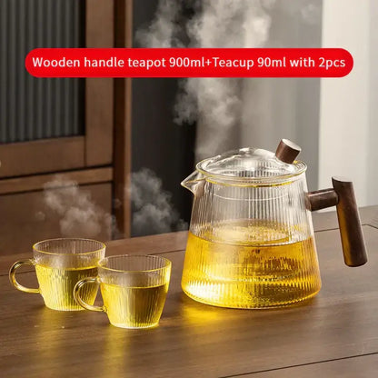 Modern glass teapot with wooden handle kitchen steeping pot