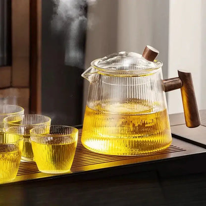 Modern glass teapot with wooden handle kitchen steeping pot