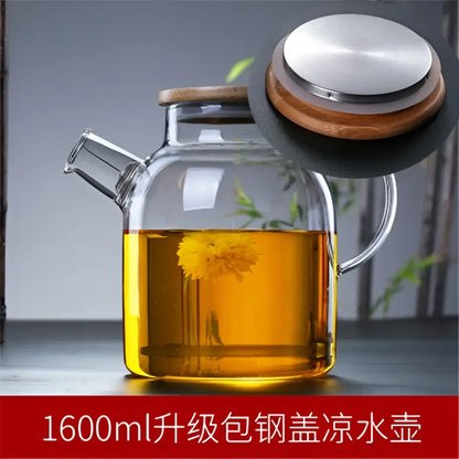 Transparent glass teapot with wood lid kitchen cold water jug
