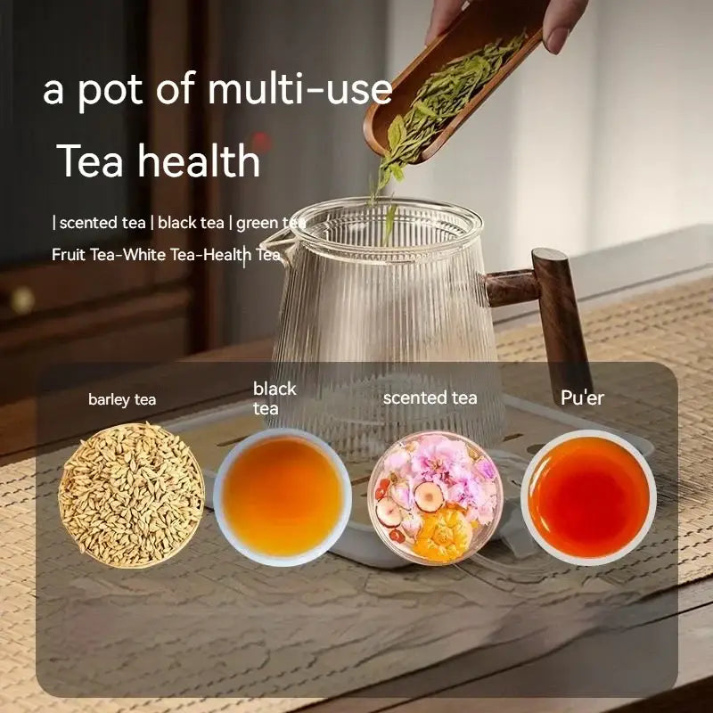 Ribbed glass teapot with wooden handle kitchen brewing pot