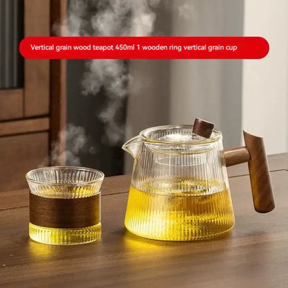 Ribbed glass teapot with wooden handle kitchen brewing pot