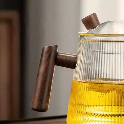 Ribbed glass teapot with wooden handle kitchen brewing pot