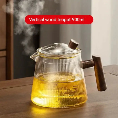 Ribbed glass teapot with wooden handle kitchen brewing pot