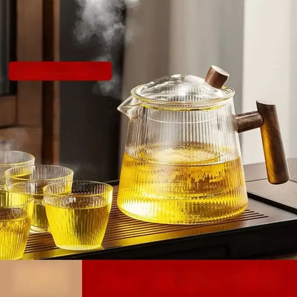 Ribbed glass teapot with wooden handle kitchen brewing pot
