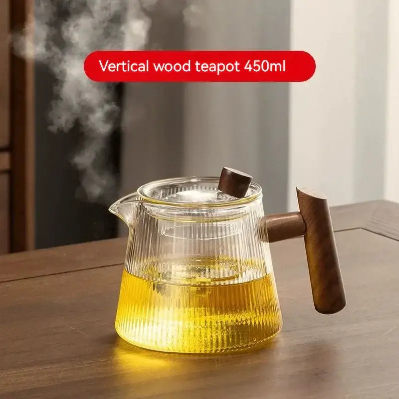 Ribbed glass teapot with wooden handle kitchen brewing pot