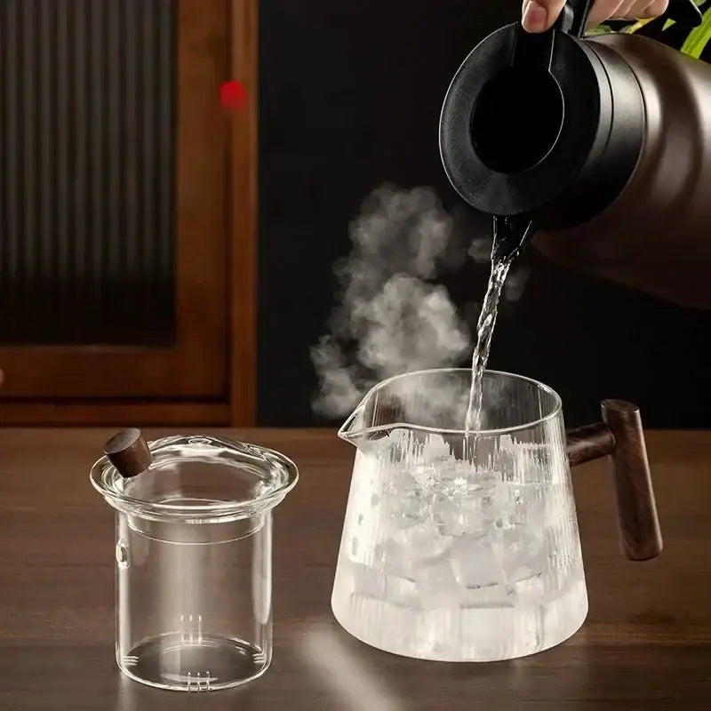Ribbed glass teapot with wooden handle kitchen brewing pot