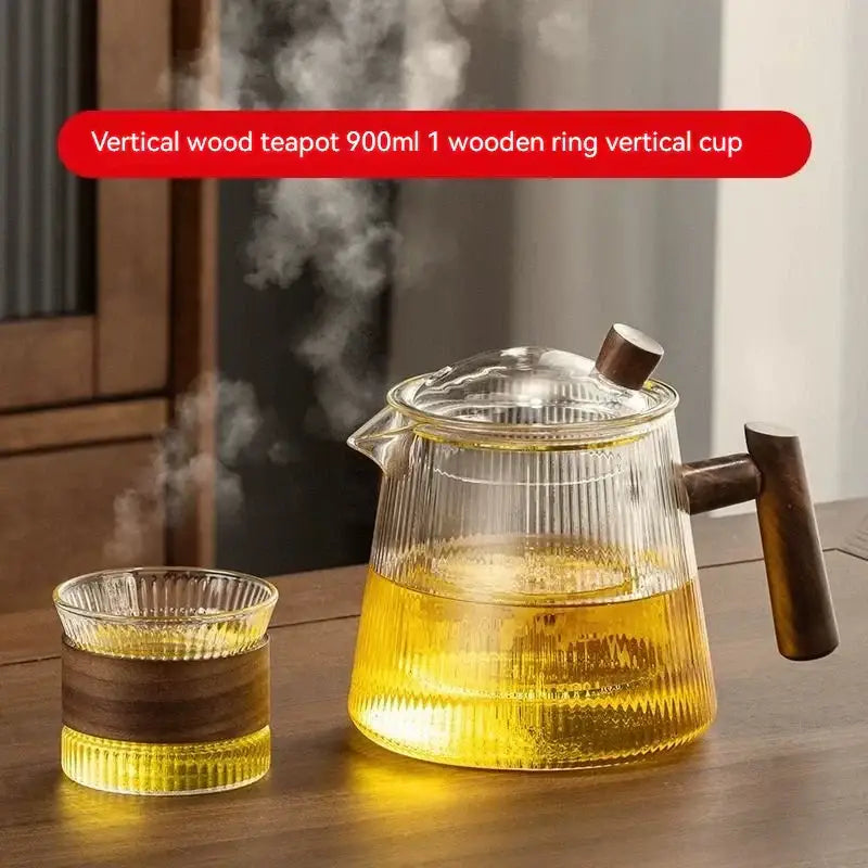 Ribbed glass teapot with wooden handle kitchen brewing pot