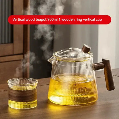 Ribbed glass teapot with wooden handle kitchen brewing pot