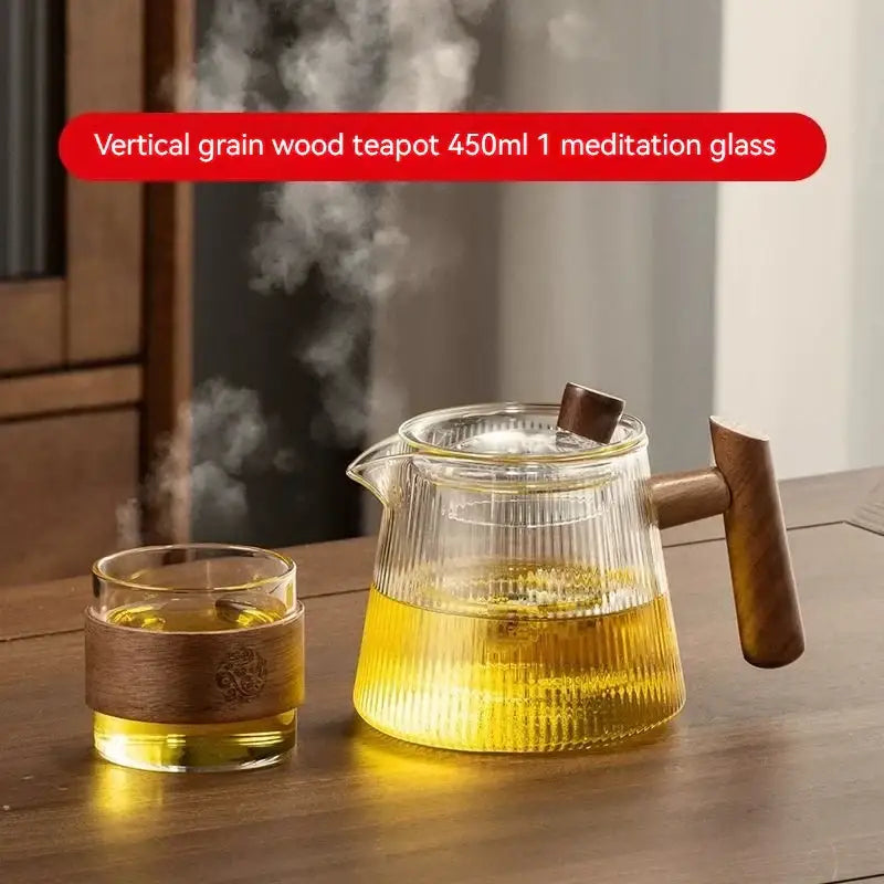 Ribbed glass teapot with wooden handle kitchen brewing pot