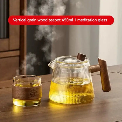 Ribbed glass teapot with wooden handle kitchen brewing pot