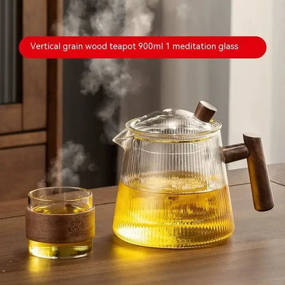 Ribbed glass teapot with wooden handle kitchen brewing pot