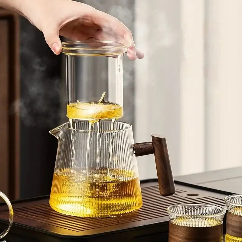 Ribbed glass teapot with wooden handle kitchen brewing pot
