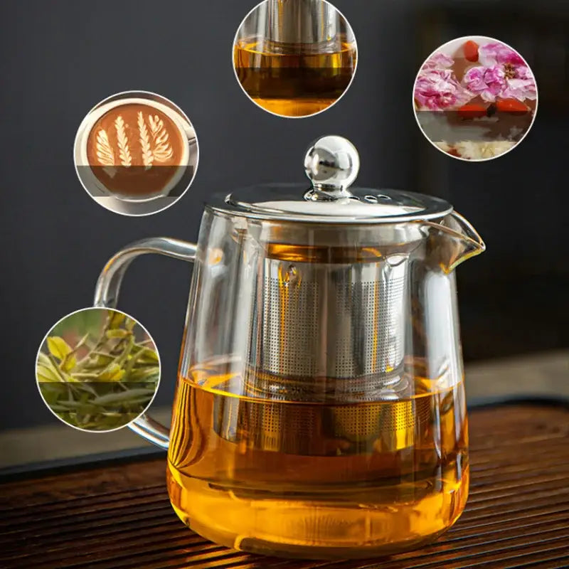 Modern clear glass teapot with silver handle kitchen tea set