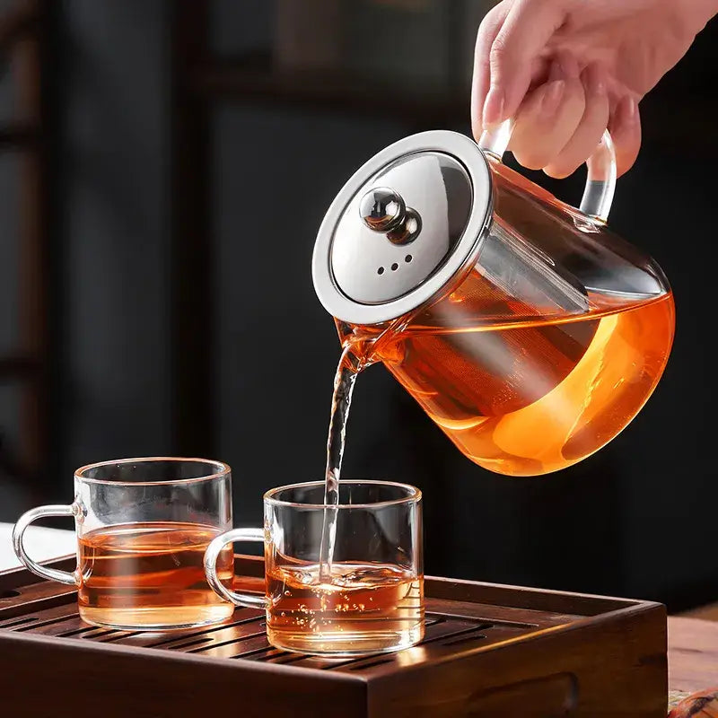 Modern clear glass teapot with silver handle kitchen tea set
